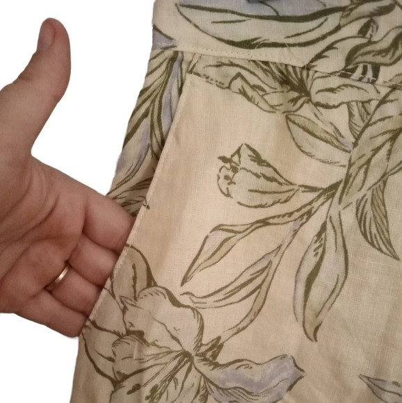 Tahari Floral Botanical Print Pull On Cropped Wide Leg 100% Linen Pants Size XL - Picture 4 of 6